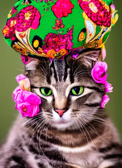 Image similar to 3 5 mm macro photography of a cat wearing a floral headdress and paisley suit