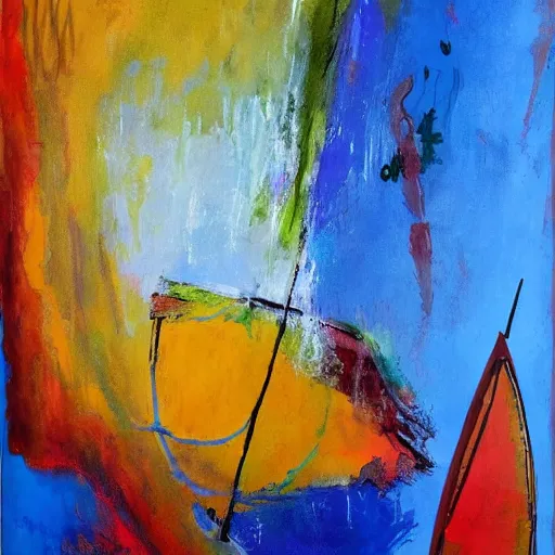 Image similar to a painting of a sailboat floating on a body of water, an abstract painting by ted degrazia, reddit contest winner, lyrical abstraction, mixed media, acrylic art, oil on canvas