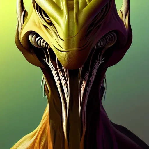 Image similar to professional concept art portrait of a predatory alien species on a depth of field background, by cam sykes. an intricate, elegant, highly detailed digital painting, concept art, smooth, sharp focus, illustration, in the style of syd mead.