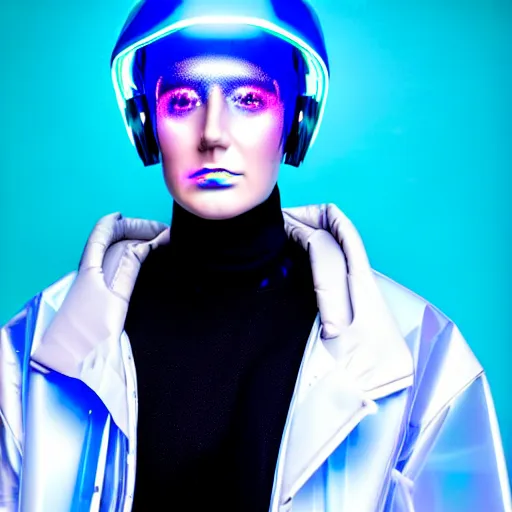 Image similar to an ultra high definition professional studio quality photograph of an artificially intelligent celebrity cyberpunk pop star wearing a transparent iridescent pastel coloured face visor and matching raincoat on white coat hook in a sheer icelandic black rock environment. dramatic lighting. volumetric shadows. light rays