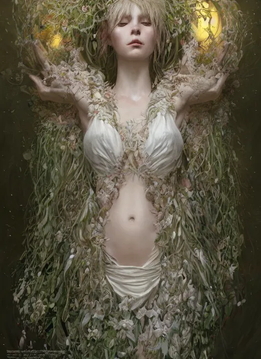 Prompt: dryad, pure white, naturel, hyper detailed, digital art, trending in artstation, cinematic lighting, studio quality, smooth render, unreal engine 5 rendered, octane rendered, art style by klimt and nixeu and ian sprigger and wlop and krenz cushart