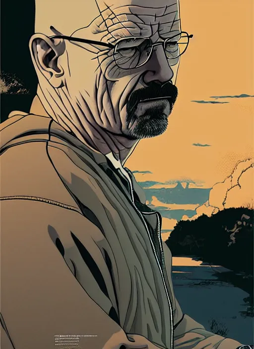 Image similar to highly detailed poster artwork by Michael Whelan and Tomer Hanuka, of Walter White, from scene from Breaking Bad, clean