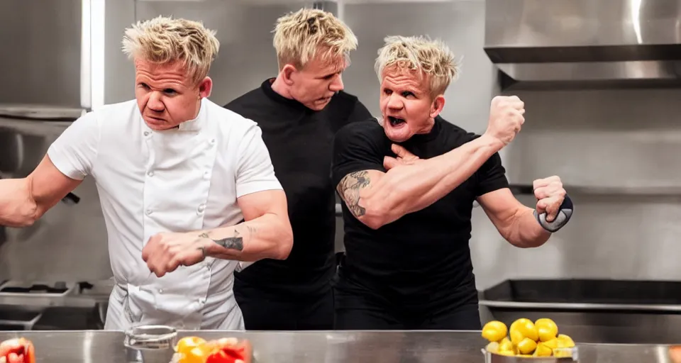 Image similar to photo of angry furious Gordon Ramsay punching Gordon Ramsay at the kitchen