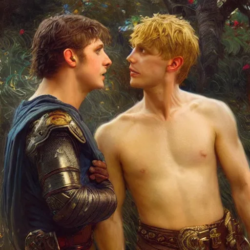 Image similar to attractive arthur pendragon confesses his love to attractive male merlin. highly detailed painting by gaston bussiere, craig mullins, j. c. leyendecker 8 k