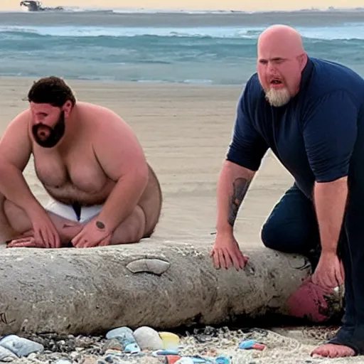 Image similar to obese ethan van sciver with a bald head and grey trimmed beard has washed up on a beach, horrified onlookers gasp