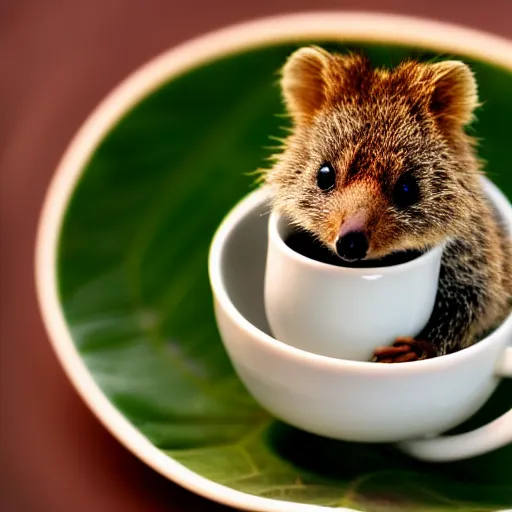 Image similar to baby quokka in a teacup eating a leaf, photography, minimalistic, 8k