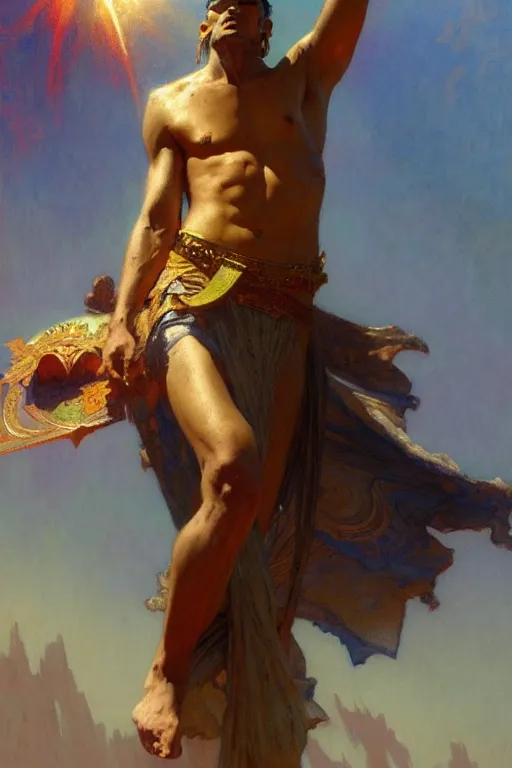 Image similar to god of sun, male character design, painting by gaston bussiere, craig mullins, greg rutkowski, alphonse mucha, trending on artstation