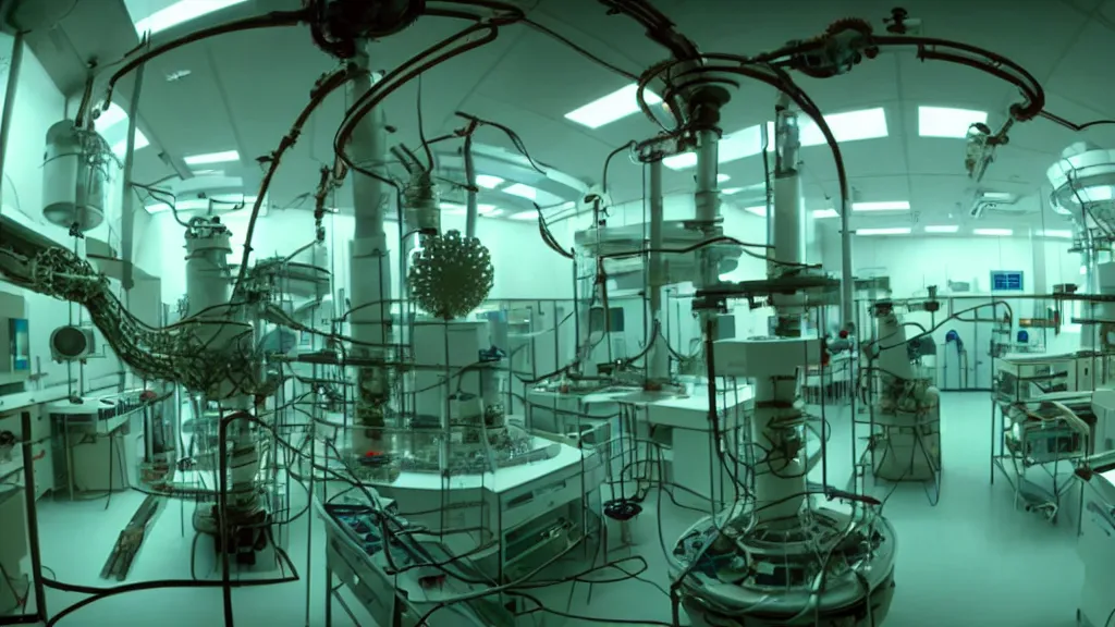 Image similar to a huge octoidal mri machine and control panels in the laboratory inspection room, film still from the movie directed by denis villeneuve with art direction by salvador dali, wide lens