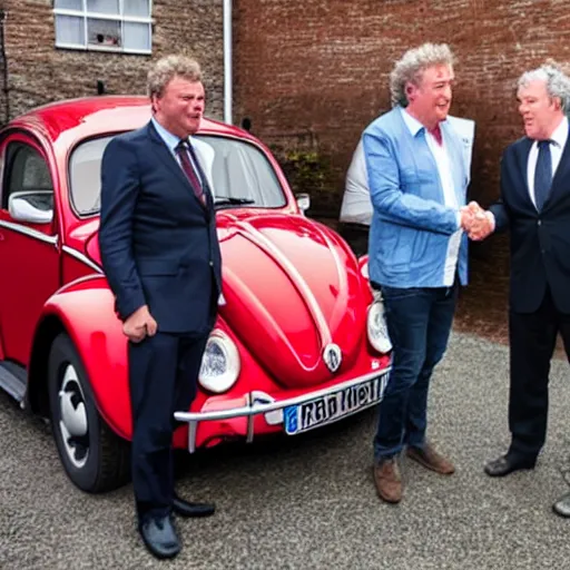 Prompt: j mays shake hand with jeremy clarkson in front of volkswagen beetle