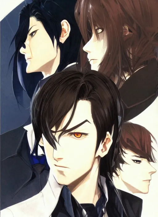 Prompt: portrait illustration by shigenori soejima, handsome male vampire, focus on face, pretty, cinematic lighting, painterly, long black hair, dark blue shirt and light brown trenchcoat