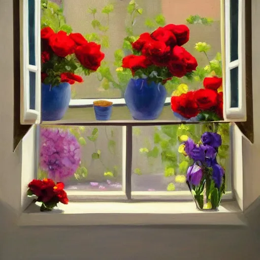 Prompt: A painting of a windowsill with flowers. Red roses. Blue Violas. The natural light from the window would be shining in on the scene. Trending on artstation