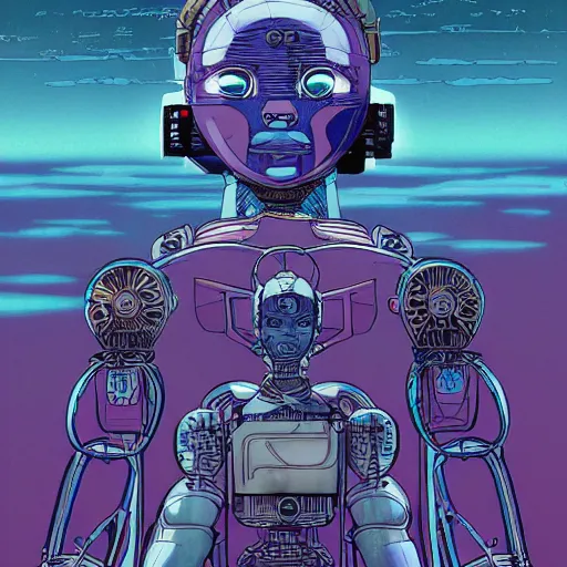 Prompt: a beautiful illustration of a humanoid robot meditating by josan gonzalez and and moebius and enki bilal and jean claude meziere, graphic novel