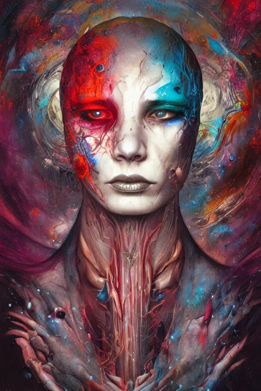 Prompt: dream portrait of the awakening of my 3rd eye,full character, melting ,8k,by tristan eaton,Stanley Artgermm,Tom Bagshaw,Greg Rutkowski,Carne Griffiths, Ayami Kojima, Beksinski, Giger,trending on DeviantArt,face enhance,hyper detailed,minimalist,horror, android, full of colour