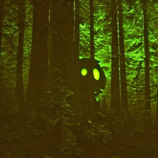 Image similar to grainy surveillance photo still of an alien in the woods at night hiding in the trees of a forest