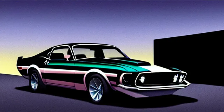 Prompt: a cinematic keyframe matte painting of a sleek 1 9 7 0 s vaporwave concept retro - futurism sci - fi ford mustang fast back knight rider blacked out car in an open garage in the american southwest, view from the street. in the moonlight. cactus. by eric lafforgue, glennray tutor and edward hopper, greg rutkowski. trending on artstation.