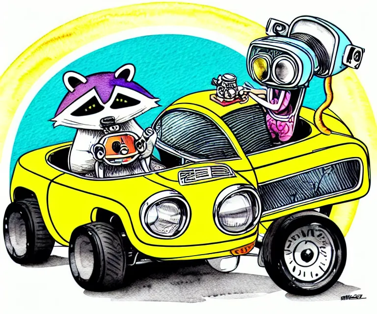 Prompt: cute and funny, racoon wearing a helmet riding in a tiny hot rod with oversized engine, ratfink style by ed roth, centered award winning watercolor pen illustration, isometric illustration by chihiro iwasaki, edited by range murata, symmetrically isometrically centered