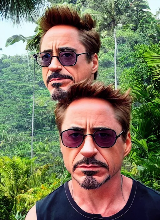 Image similar to a full portrait photo of robert downey jr holiday in bali, f / 2 2, 3 5 mm, 2 7 0 0 k, lighting, perfect faces, award winning photography.