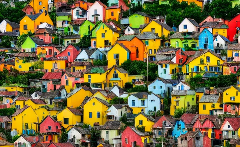 Image similar to village, houses with faces, yellow, green, orange, naive, detailed