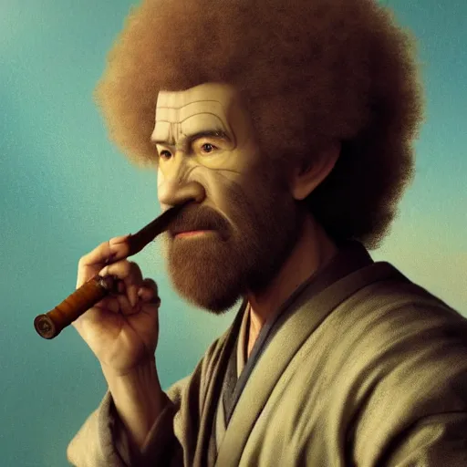 Image similar to an ultra detailed matte painting of bob ross smoking a pipe and dressed as a wandering ronin samurai, edo japan, concept art by jeong seon and alphonse mucha and greg rutkowski, octane render, 8 k, detailed face