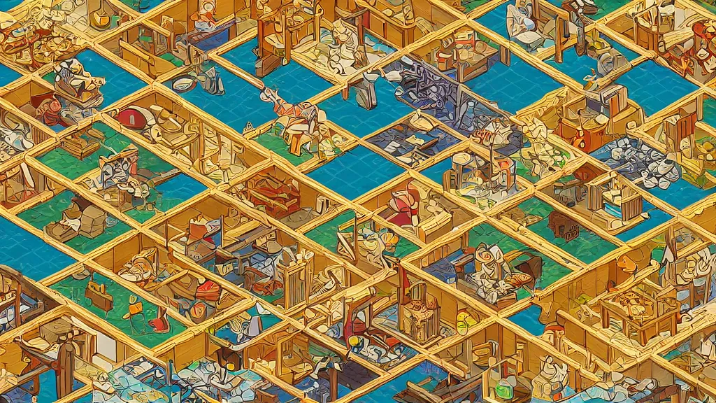 Image similar to fresco unbridled tatami isometric puzzle game, intricate design tatami