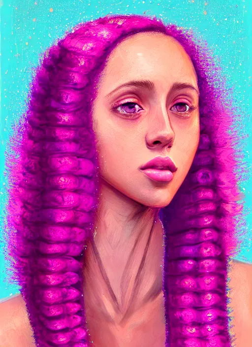 Image similar to portrait of teenage vanessa morgan with bright pink hair, vanessa morgan, curly pixie cut hair, wearing a purple breton cap, breton cap, hoop earrings, intricate, elegant, glowing lights, highly detailed, digital painting, artstation, concept art, smooth, sharp focus, illustration, art by wlop, mars ravelo and greg rutkowski