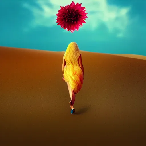 Image similar to closeup giant dahlia flower covering head, a girl walking between dunes, surreal photography, sunrise, blue sky, dramatic light, impressionist painting, digital painting, artstation, simon stalenhag