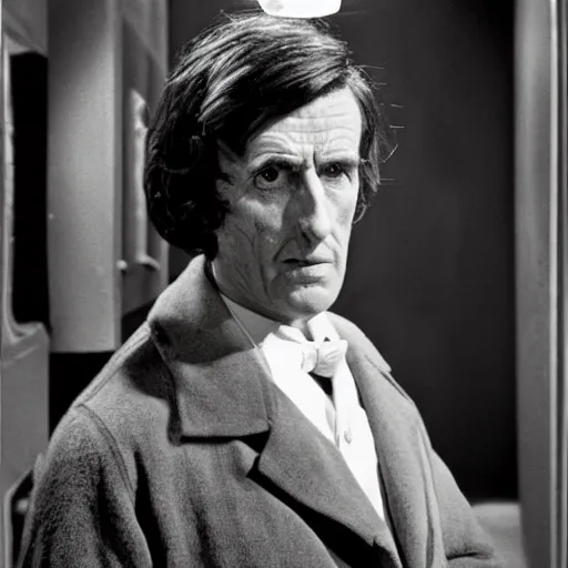 Image similar to a long shot, black & white studio photographic portrait of doctor who, dramatic backlighting, 1 9 7 3 photo from life magazine, color