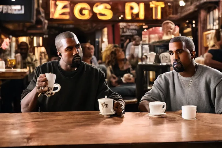 Image similar to Kanye West and Queenz Flip (2018) are best friends, drinking coffee at central perk, still photo, hyperrealistic, 35mm, 8k, by weta digital