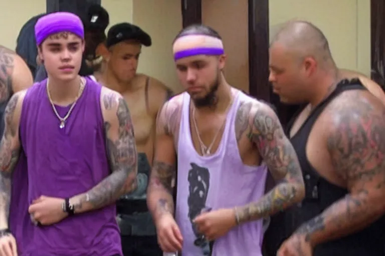 Image similar to justin bieber as a gang member wearing a purple head covering made from a polyester or nylon material and a stained white tank top caught dealing drugs inside a detroit gang trap house, arms covered in gang tattoo, paparazzi, leaked footage, uncomfortable, bad quality