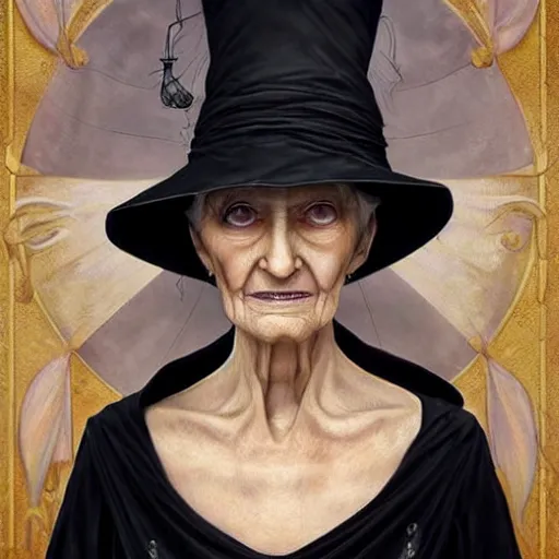 Prompt: granny weatherwax, an old lady, a witch, with a sharp face and a piercing expression. she is dressed in a black witch hat. beautiful painting with highly detailed face by artgerm and greg rutkowski and alphonse mucha
