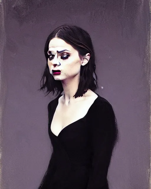 Image similar to style of jeremy lipking : : gorgeous willa holland : : evil witch, swirling black magic, black dress : : symmetrical face, symmetrical eyes : : full body pose : : gorgeous black hair : : magic lighting, low spacial lighting : :