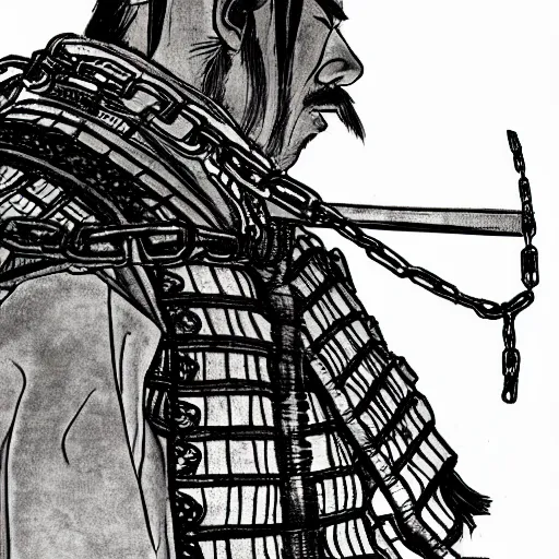 Image similar to A PORTRAIT FROM BEHIND OF A SAMURAI ,THE THE MAN IS WRAPPED IN CHAINS ,detailed, concept art, ink style , sketch