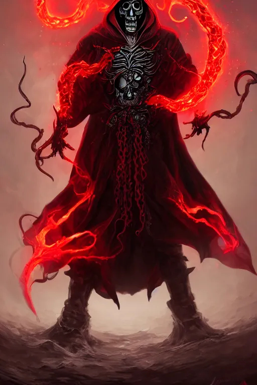 Prompt: A full body portrait of a mysterious character with a flaming skull with a very long hooded blood red and black cloak, tentacles coming out the ground art by Jason Chan and Feng Zhu, ominous, cosmic horror, trending on artstation, Ultra detailed, hyper realistic 4k