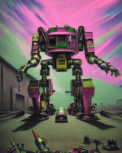 Image similar to hyperrealistic hyperdetailed graffiti mecha iridescent pink fighting in war concept art santiago caruso de chirico sharp very dramatic green light 8k low angle shallow depth of field