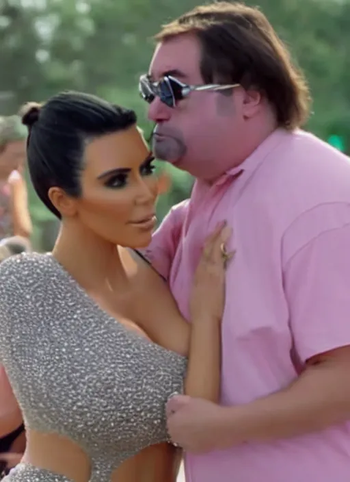 Image similar to film still of kim kardashian hugging bubbles from trailer park boys.