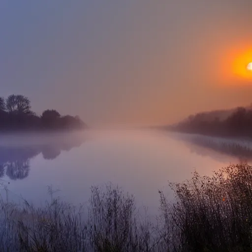 Image similar to sunrise over a foggy river, atmospheric expressionism