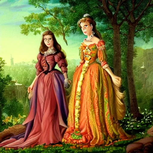 Image similar to a highly detailed painting. Beautiful radiant twin sisters and the musician Prince. Prince is green with jealousy. Cinematic Art.