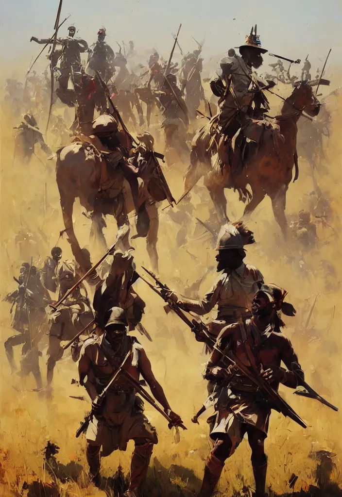 Image similar to ismail inceoglu painting of the zulu war, painting, art concept for a book cover, trending on artstation, by greg manchess and by craig mullins and by kilian eng and by jake parker