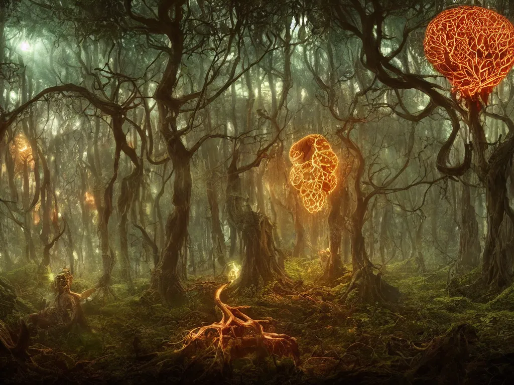 Prompt: a weird magical forest with a giant glowing human brain growing at the center. Highly detailed. 8k. Fantasy horror.