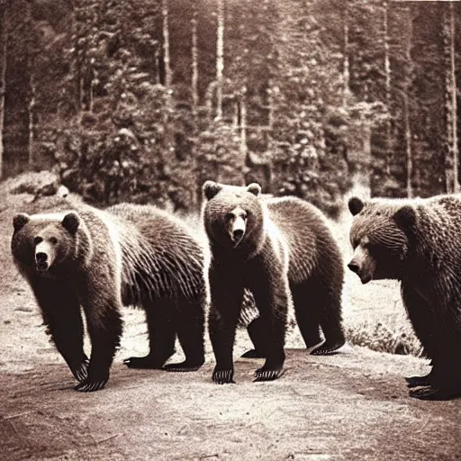 Image similar to “ a group of grizzly bears wearing full samurai armour in the forest, 1 9 0 0 ’ s photo ”