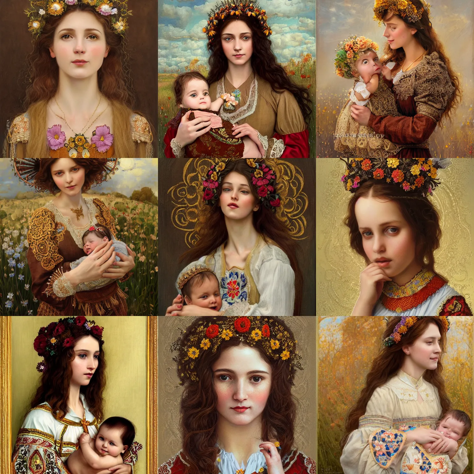 Prompt: brown haired lady with little baby in her hands, embroidered shirt, ukrainian national costume, filigree crown with textile embroidery flowers, ukrainian madonna, pre - raphaelite beautiful, playful smile, detailed portrait, intricate complexity, acryl painting, charlie bowater, tom bagshaw, alexis franklin, elena masci, pawel rebisz