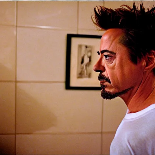 Prompt: Robert Downey Jr. in the bathroom, paparazzi, photography,