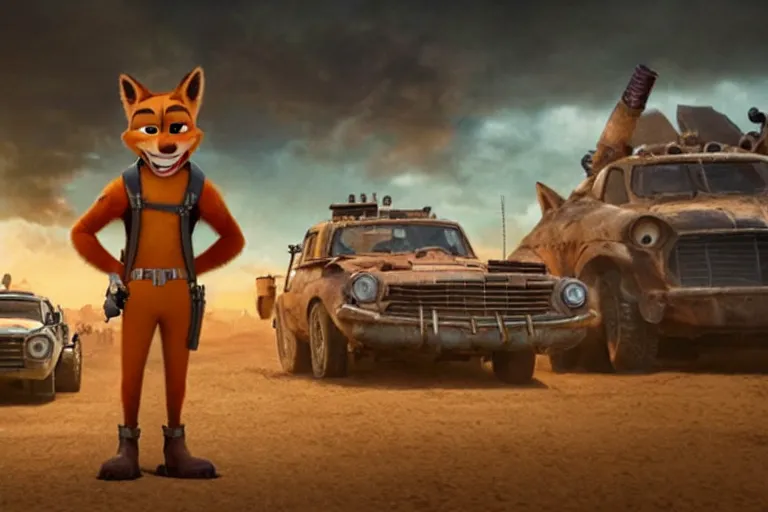 Image similar to nick wilde ( from zootopia ), heavily armed and armored facing down armageddon in a dark and gritty reboot from the makers of mad max : fury road