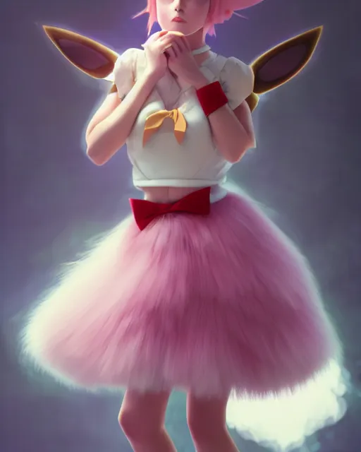 Image similar to photo of eevee pokemon humanisation, in nice fluffy skirt and ribbon, film still, dslr, by greg rutkowski, gil elvgren, enoch bolles, ross tran, artgerm, wlop, glossy skin, pearlescent, very coherent