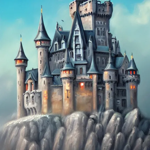 Prompt: a light oil painting of a magnificent light grey high fantasy castle on top of a mountain. below is a bustling town filled with people, artstation, rainy weather