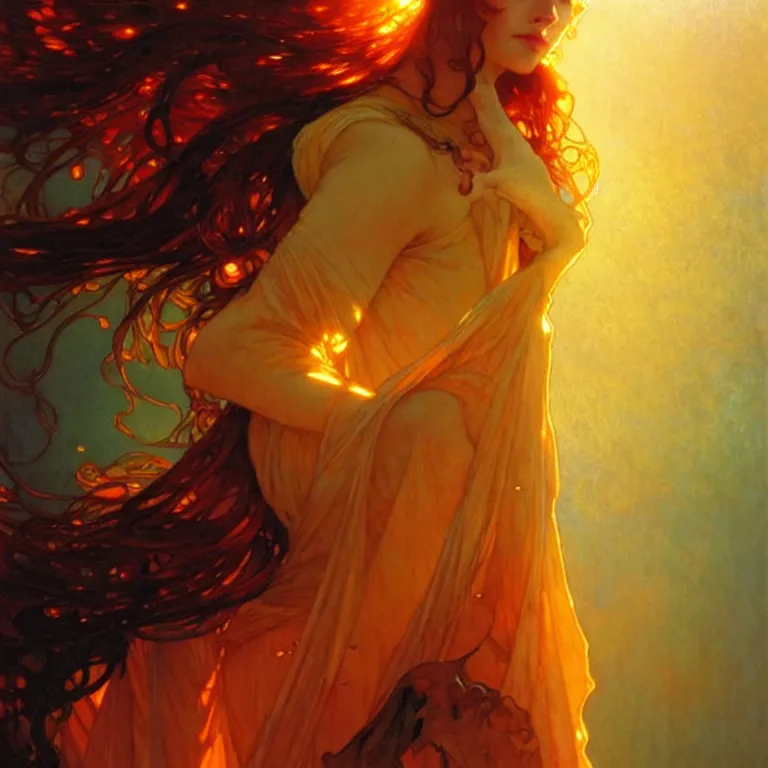 Image similar to glossy liquid honey drops flowing like translucent amber, backlit, sunset, refracted lighting, art by collier, albert aublet, krenz cushart, artem demura, alphonse mucha