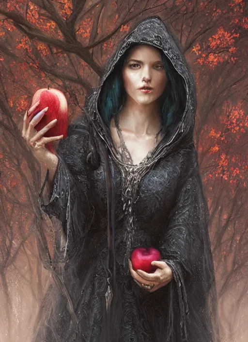 Prompt: a portrait of a woman in a hooded cloak leaning against a tree, holding an apple, looking at the viewer, fantasy digital painting, stunning, intricate details, artwork by ross tran and greg rutkowski