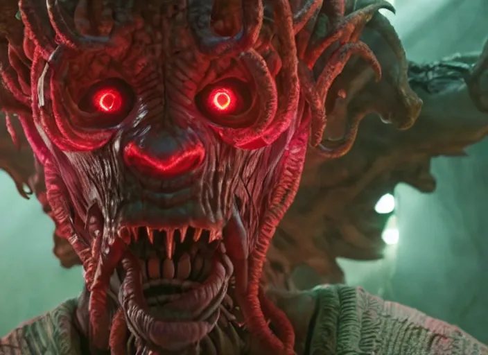 Image similar to film still of the demogorgon as eleven in the new stranger things movie, 4 k, highly detailed face, detailed eyes