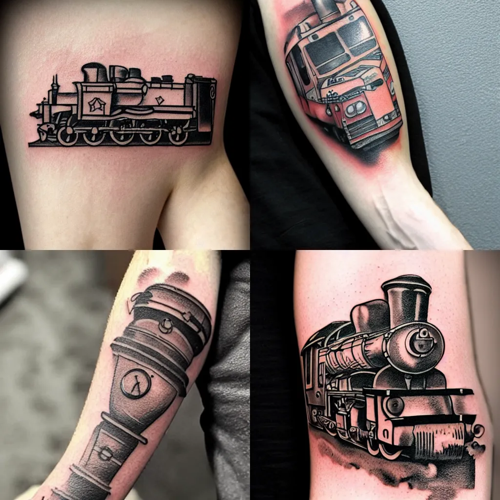 Prompt: tattoo of a steam locomotive and coal tender along forearm