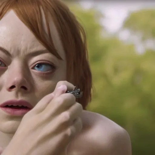 Prompt: emma stone gollum holding the one ring, looking at the ring from lotr, the one ring to rule them all, 8k detail, hyper realistic, cinematic camera